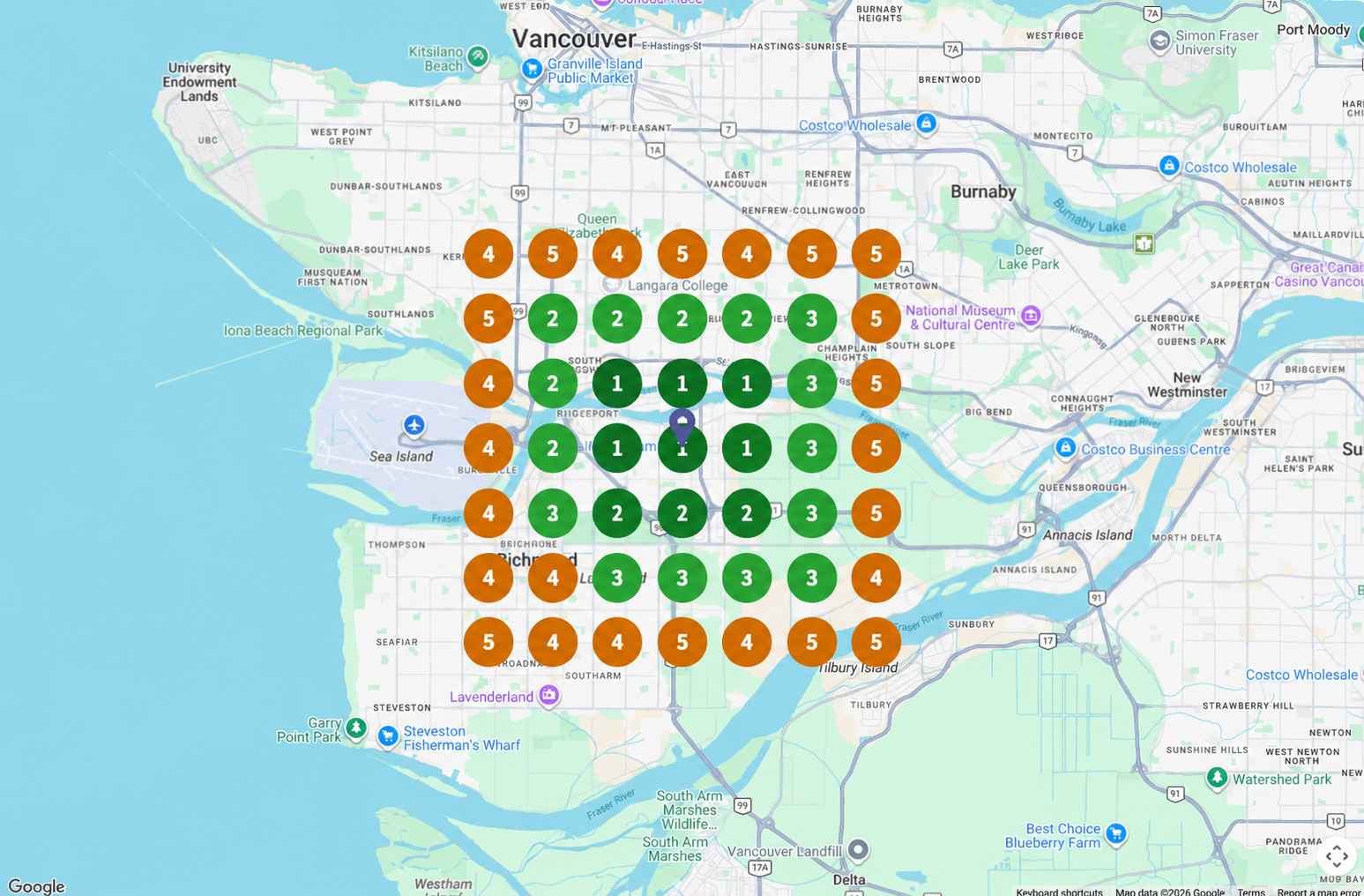 After local SEO: a grid showing first, second, and third positions around Vancouver