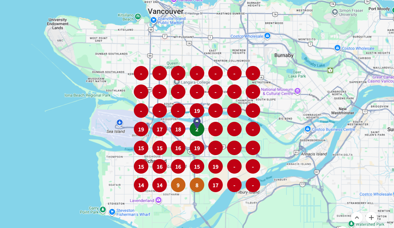 Before local SEO: a grid of low Google Maps ranking positions around Vancouver