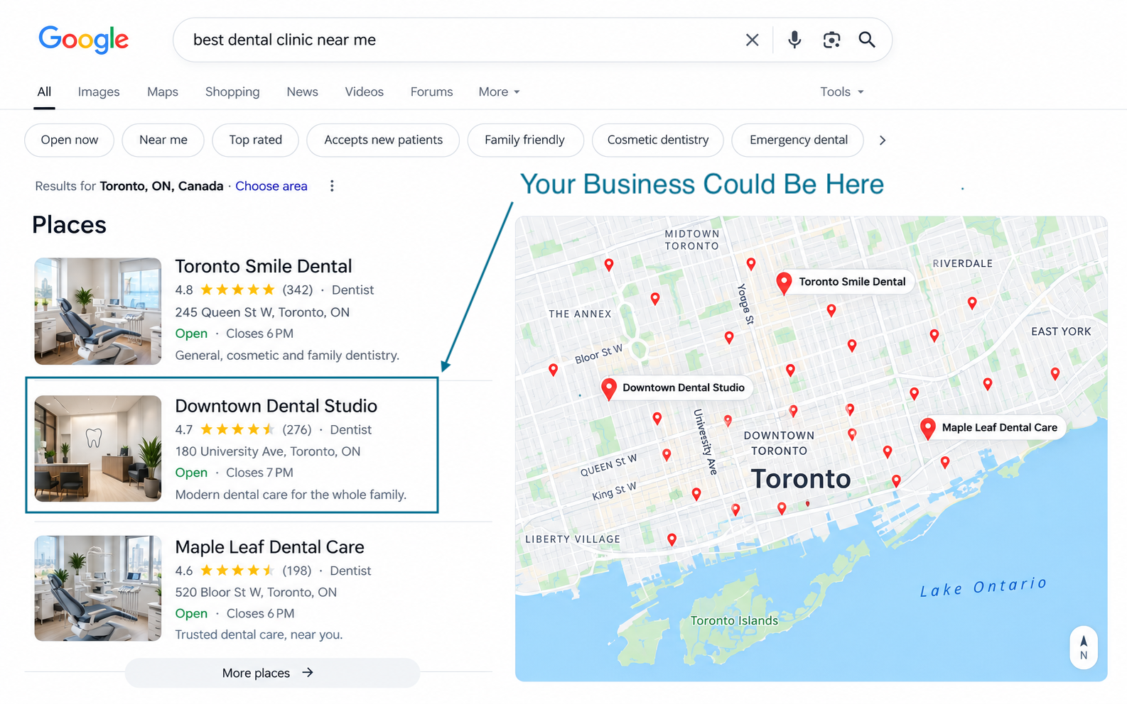 Illustrative Google Maps three-pack showing how a business could appear in local search results